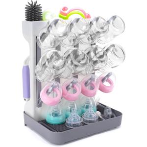 Baby Bottle Drying Rack: Space Saving Vertical Bottle Drying Holder with Brushes Holder - Large Bottle Storage Holder Organizer 12 Bottles & Baby Accessories,BPA-Free, Gray