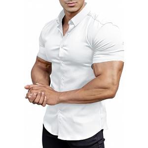 Mens Muscle Fit Dress Shirts Athletic Slim Fit Short Sleeve Stretch Casual Button Down Shirt (White, S)