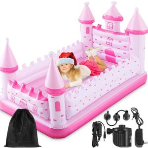 Pink Castle Inflatable Kids Bed, Toddler Travel Bed with Safety Bumper and Air Mattress Portable Air Mattress with Pump for Vacation Hotel Home Sleepover Kids Birthday Gift