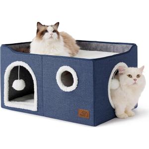 Bedsure Large Cat Beds for Indoor Cats - Extra Wide Cat Cube House for Small Pet with Fluffy Ball Hanging and Scratch Pad, Foldable Pet Cave Hideaway for Multiple Cats, 23.6x16.9x13 Inches, Blue