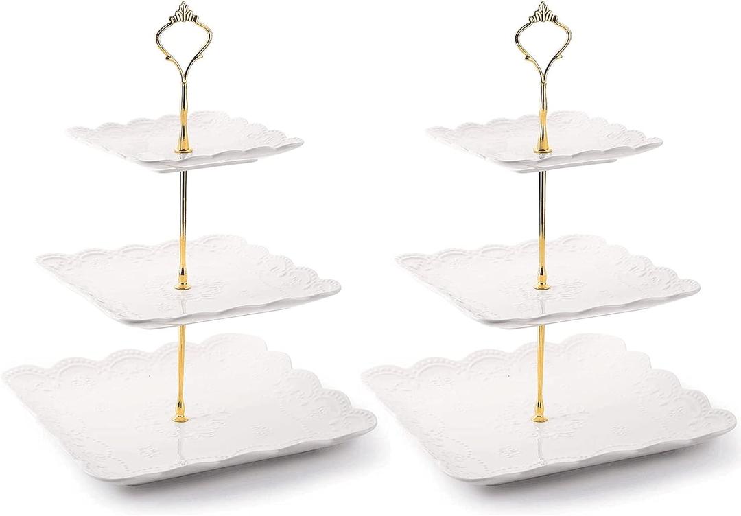 Tebery 2 Pack 3-Tier White Ceramic Embossed Dessert Cake Tower Stand with Gold Carry Handle, Cupcake Stand Serving Trays, Porcelain Party Food Server Display Holder