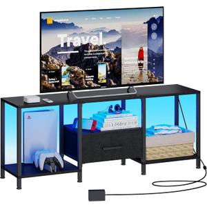 TV Stand with LED Lights, Entertainment Center with Open Shelves and Fabric Drawer, Media Console for 55 Inch TV, Television Stands for Living Room, Bedroom, Black (46.1 Inches)