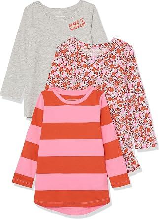 Amazon Essentials Girls and Toddlers' Cotton Long-Sleeve Tunic T-Shirts, Pack of 3, M, Floral/Light Grey Heather/Stripe