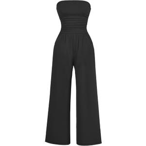 AUXDIO Women's Casual Summer Strapless Jumpsuits Off Shoulder Sleeveless Backless 2026 Wide Leg Romper with Pocket, Black, XL