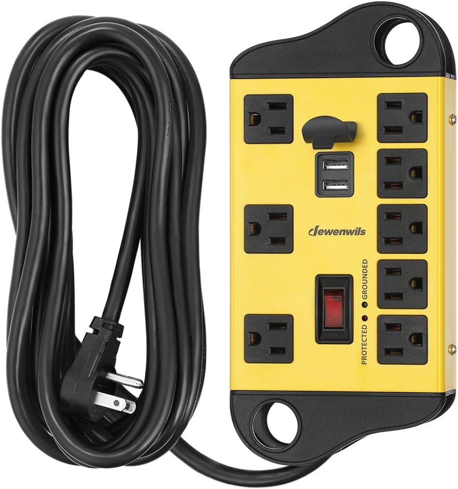 DEWENWILS 8-Outlet Metal Power Strip Surge Protector with 2 USB Ports, UL Listed, 15 Ft Flat Plug Extension Cord, Heavy Duty Industrial Power Strip,15A Circuit Breaker, 1440Joules, Wall Mount