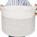 Little Hippo Baskets XXXL Large Cotton Rope 22"x22"x14" Storage Woven Blanket Living Room Toy Basket for Organizing, Baby Gift, Kids Organizer (White with Stitching)