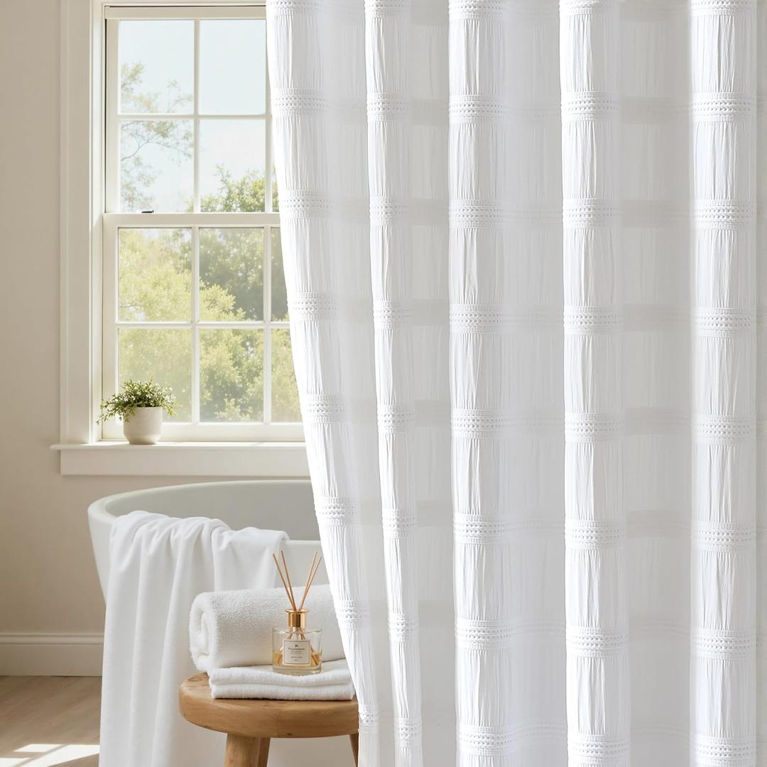 Extra Long White Shower Curtain Farmhouse,72 x 84 Cotton Blend Waffle Tufted Striped Chic Textured Fabric Shower Curtain for Bathroom, Hotel, Washable