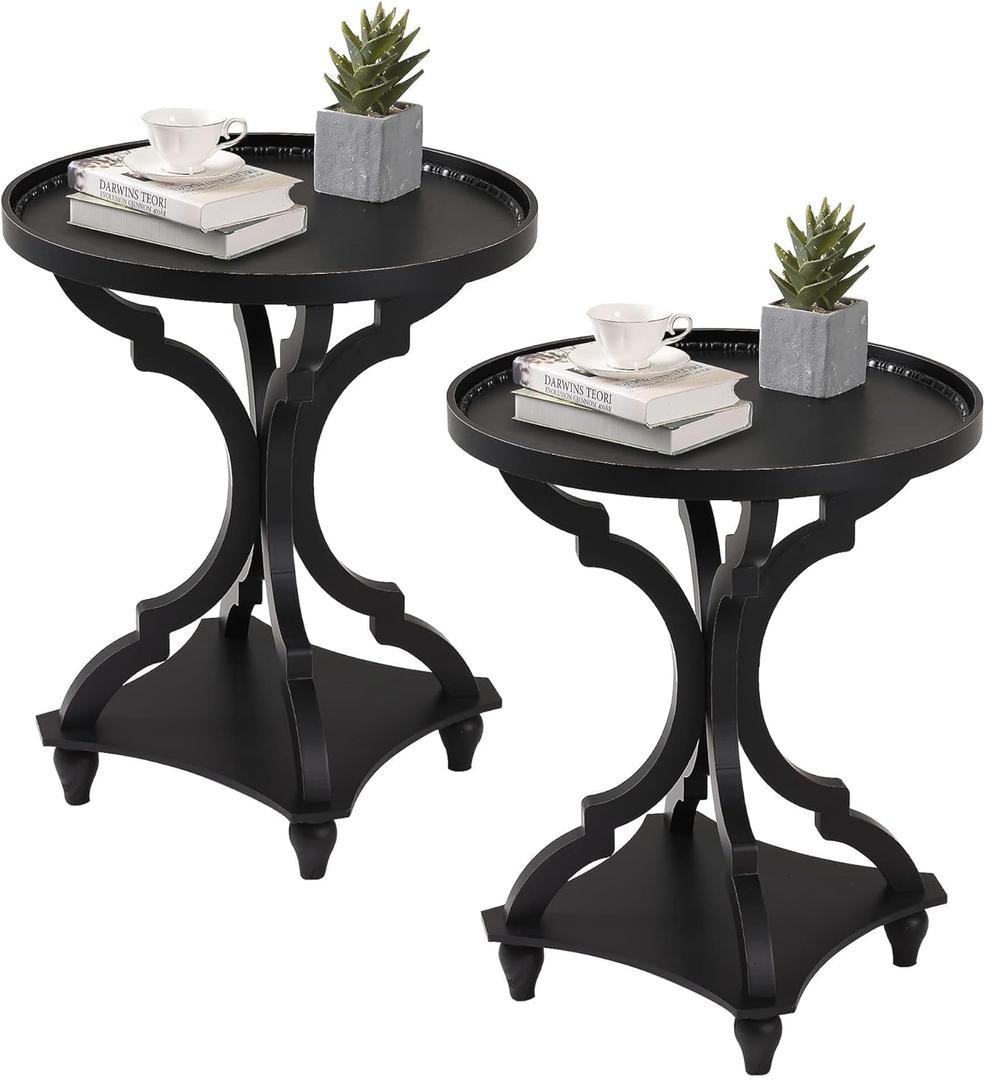 Wnutrees Farmhouse Round Accent End Table, Rustic Side Table Nightstands for Living Room, Wood Tray Top, Handcrafted Finish, Set of 2, Black (No Power strip)