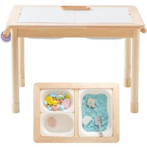 IEATFO Rubber Wood Montessori Sensory Table - 3 Foldable Storage Bins, Reinforced Frame, Height Adjustable Children's Table - Multifunctional Kids Activity Table Promotes Sensory Experiences & Growth