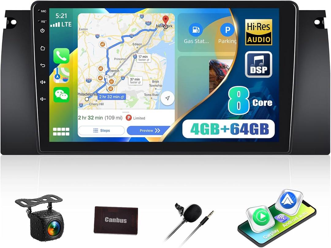 Qualcomm 8-Core 4G+64G Car Stereo for BMW X5 2000-2006, BMW 5 Series E39 M5 1996-2003, Wireless CarPlay Android Auto, 9" IPS Touch Screen Android 15 Car Radio with DSP Hi-Res Bluetooth 5.1 GPS FM WiFi