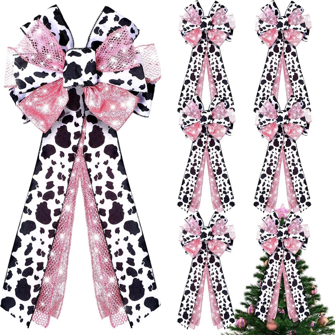 6 Packs Extra Large Christmas Glitter Bows 10 x 26 Inch Cow Print Wired Bow Christmas Xmas Bow for Wreath Tree Topper Bow for Cow Theme Party Christmas Indoor Outdoor Decor