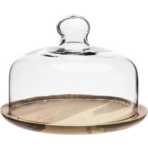 MyGift Cloche Dome Clear Glass Dessert Cheese Serving Tray 7.5 Inch Small Cake Cupcake Stand with Acacia Wood Base for Party Wedding