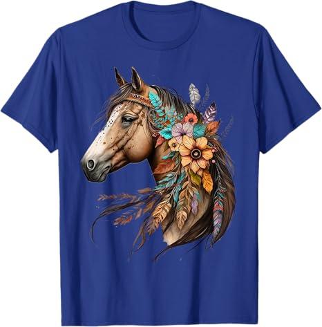 Floral Wild Horse Country Horse Riding T-Shirt (Small, Black)