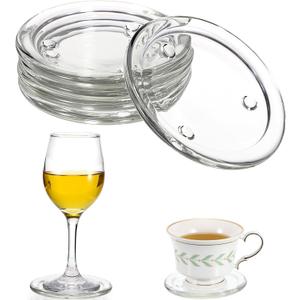 JUXYES Set of 5 Glass Coasters Round Cup Mat, Clear Glass Coasters for Drinks Coffee Tea Wine, Decorative Wine Bottle Coaster Crystal Drink Coaster for Restaurant Kitchen bar Dining Table, 4 Inch