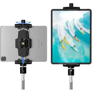 KDD iPad and Phone Tripod Mount Adapter with Ball Head, iPad Holder for Tripod, 360 Rotatable Tablet Clamp Mount fits iPad Pro 12.9, Air Mini 3 4, Galaxy Tab, Surface Pro, Selfie Stick(5.3-10.6") (Black)