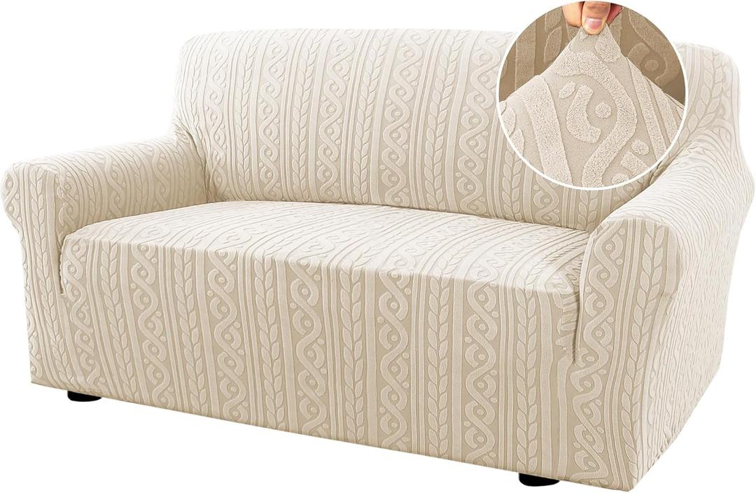 H.VERSAILTEX Sofa Cover 1 Piece Stretch Couch Covers for Sofa Anti-Slip Slip Covers for Sofas/Couches Soft Dogs Slipcovers Washable Upgrade Thick Jacquard Fabric with Spiral Pattern(58"-70", Ivory)