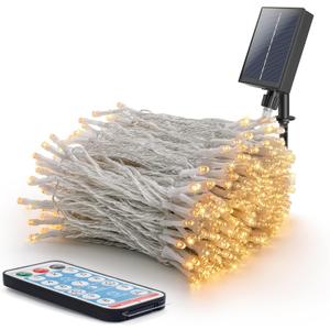 Solar String Lights Outdoor,500 LED 165FT Christmas Lights with 8 Modes and Timer, Remote Control for Holiday Patio Garden Party Decor(Warm White) (Transparent Wire)