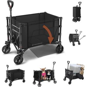 3 in 1 Collapsible Wagon Converts to Bench, 220lbs Foldable Wagon Cart with Wheels, 120L Shopping Cart for Groceries Folding Utility Wagon for Beach, Garden, Camping, Sport, Black