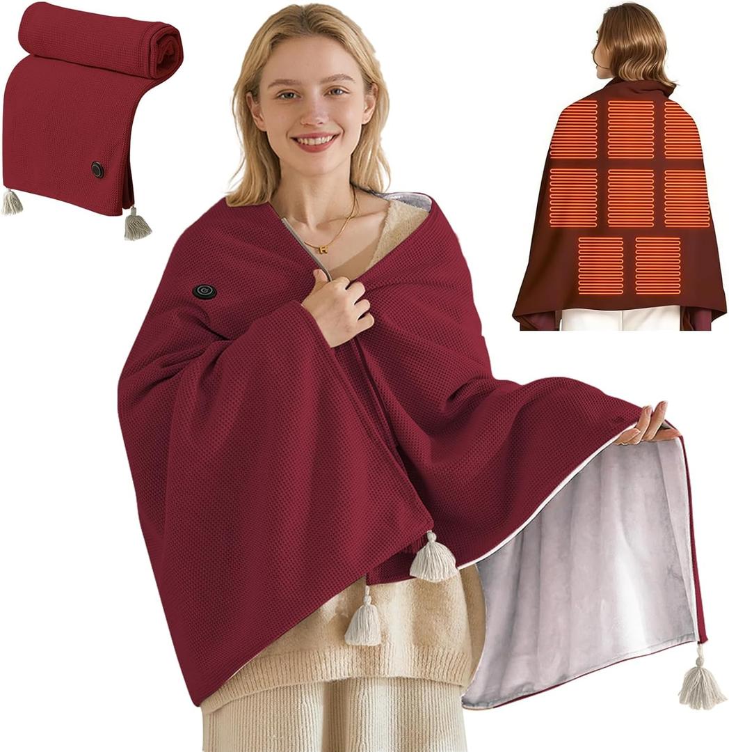 USB Portable Heated Electric Blanket - Cordless Heated Throw Blanket for Outdoor with 3 Heating Levels-Wearable Shawl for Travel,Camping,Bed-Winter Gifts for Women(Battery Not Included) (Dark Red)