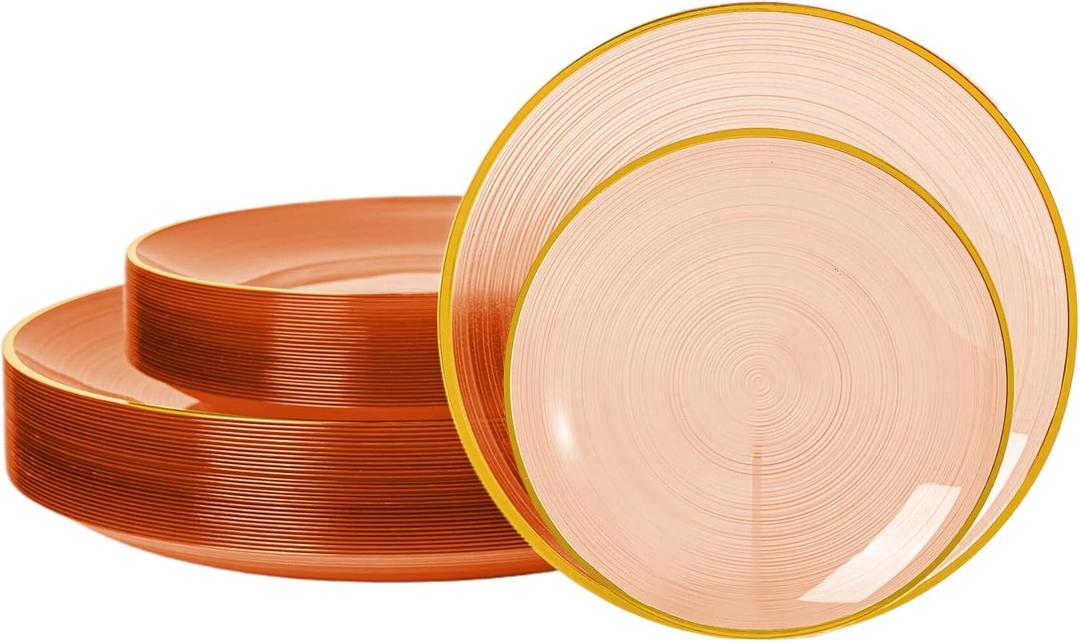 N9R 60PCS Orange Plastic Plates with Gold Trim  30 Dinner & 30 Dessert Plates, Circular Ribbed Design, Elegant Disposable Plates for Weddings, Events, Banquets, Special Occasions (Translucent Orange)