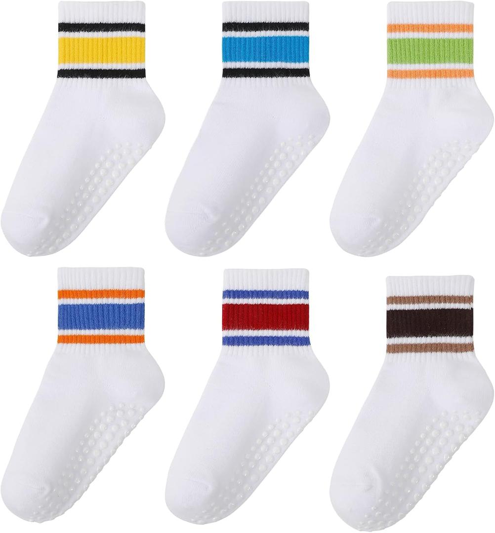 2 x 6 Pairs Toddler Grip Socks with Stripe Heart Age 1-5 Years | Soft combed cotton, Stretchy Cuff, Seamless Socks for Boys Girls Back to School