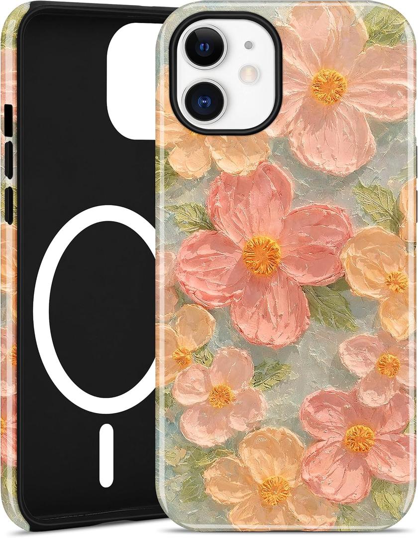 Jusy Compatible with MagSafe Floral Case for iPhone 16 Pro, Aesthetic Oil Painting Flower Magnetic Phone Case, Soft TPU and Hard PC Protective Cover for Women Girls (Shiny) - Green Flower