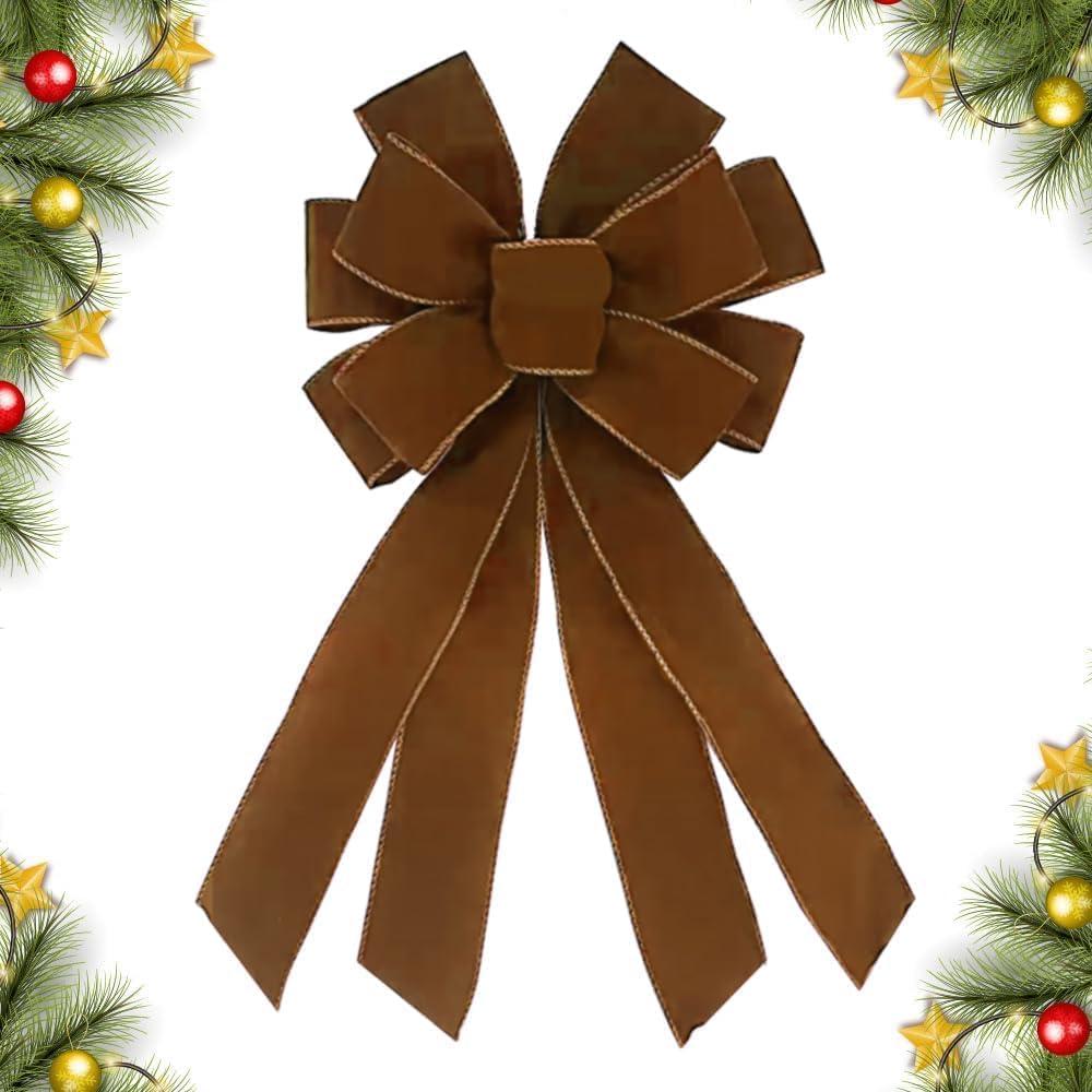 Christmas Wreath Bow 20 x 11 Inches Large Christmas Bows Brownish Camel Velvet Bow Winter Farmhouse Bow Xmas Tree Topper Ornament Bow for Home Front Door Decorations
