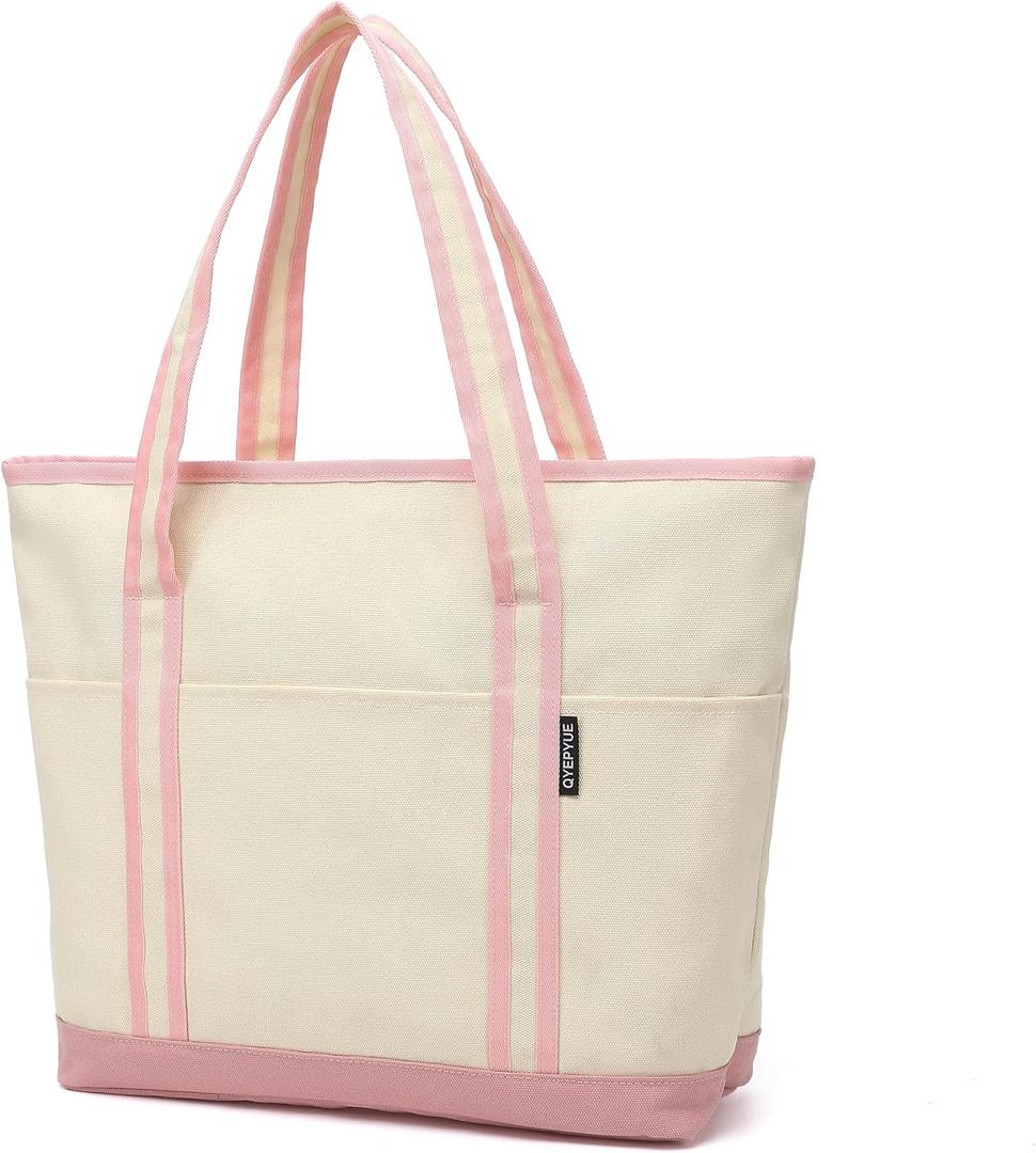 Large Canvas Tote Bag for Women, Beach Bag with Zipper, Utility Tote Bag with 3 Front Pockets, Weekender Pool Bag (Beige Yellow With Pink)