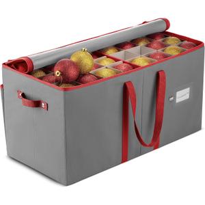 ZOBER Large Christmas Ornament Storage Box  Stores 128 3" Ornaments, With Dividers  Ornament Organizer Storage Box, Durable Christmas Containers Holder  Extra Pockets, Dual Zipper  Gray