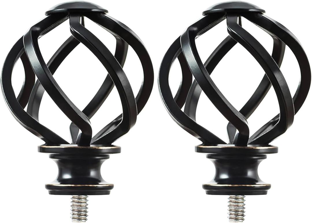 KAMANINA Replacement Finials for 1 or 7/8 Inch Curtain rods, Twisted Cage, M6 Screw Rod Finials, Black, 2pcs