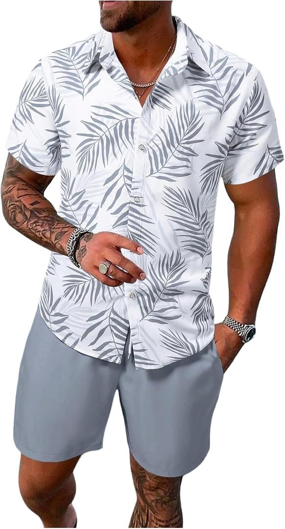 WDIRARA Men's Hawaiian Matching Set Summer Beach 2 Piece Outfits Tropical print Shirts and Shorts (XX-Large, Light Grey)