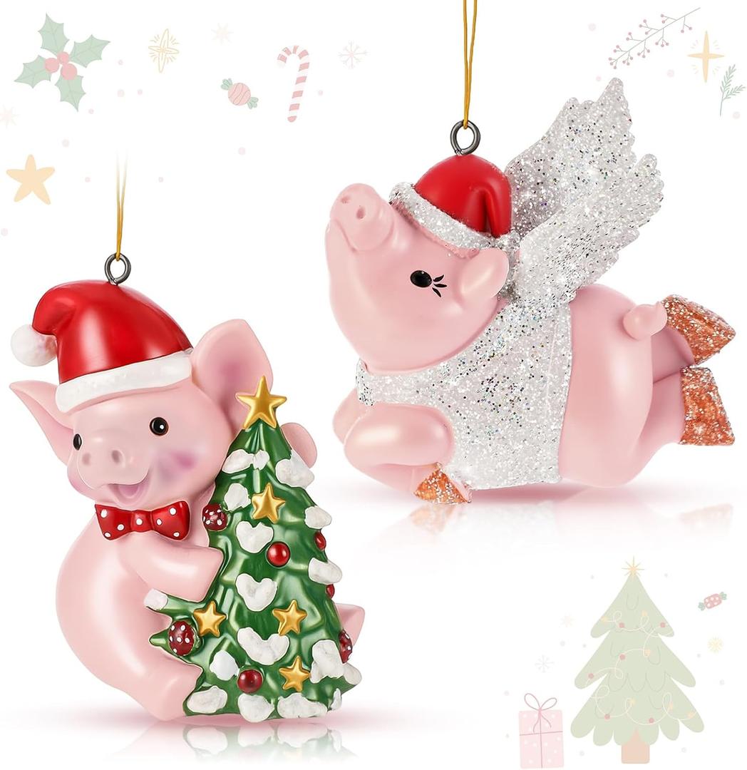 Vercraft 2 Pcs Pig Hanging Christmas Ornaments 4 Inch Large Resin Pig Decor for Christmas Tree Dollhouse Party Favors Gift Stocking Stuffers