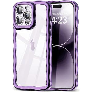 SKYLMW Compatible with iPhone 14 Pro Max Case, Kawaii Cute Curly Wave Frame Luxury Plating Edge, Stylish Glossy Clear Back, Soft TPU Shockproof Protective Cases for iPhone 14 Pro Max, Purple