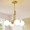Gold Sputnik Ceiling Light, 4-Light Modern Chandelier with Adjustable Height,Globe Pendant Ceiling Light with Milk Glass Shades, Mid Century Hanging Light Fixture for Living Room Bedroom Foyer