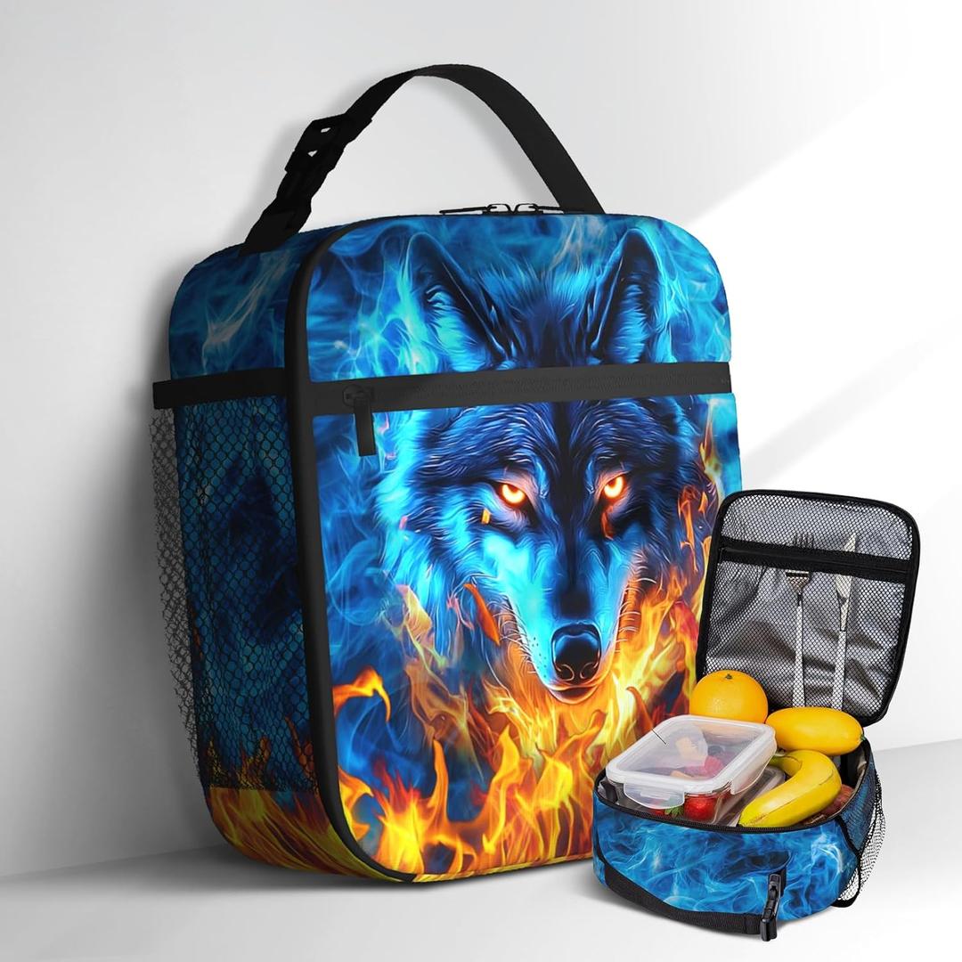 Wolf Lunch Box for Kids Blue Fire Aniaml Print Reusable Cooler Insulated Lunch Box Boys Girls Food Snack Container for School Work Office Travel Picnic Gift for Wolf Lovers