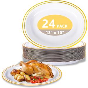 YOUBET 24PCS Oval Plastic Plates - 13 inch Super Strong White and Gold Disposable Platters, Heavy Duty Serving Trays for BBQ, Picnic, Party, Wedding