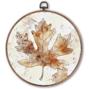 Hxlac Vintage Fall Maple Leaf Round Wall Art Framed, Farmhouse Fall Round Wall Decor, Neutral Rustic Autumn Hanging Canvas Prints Wall Sculptures for Farmhouse Home Living Room Decor, 10x10 Inch