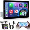 NHOPEEW Single Din 10 Inch Touchscreen Car Radio with Wireless Carplay and Android Auto - Detachable IPS Screen Car Stereo - Bluetooth/AM/FM/Mirror Link/SWC + 12leds Backup Camera & Microphone