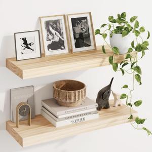 Fun Memories Wood Floating Shelves Set of 2, Rustic Pine Wood Floating Shelves for Wall Mounting, Wide Wall Shelf for Home Decor and Storage, 24" W x 7" D, Natural Unfinished, DIY Stain
