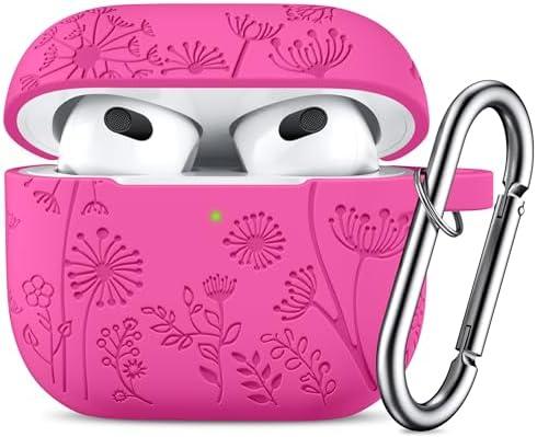 Lerobo Flower Engraved Case for AirPods 3rd Generation Case Cover with Keychain Accessories, Silicone Skin Cover Compatible with Apple AirPod 3rd Generation,Full Protection,Front LED Visible,Rose Pink