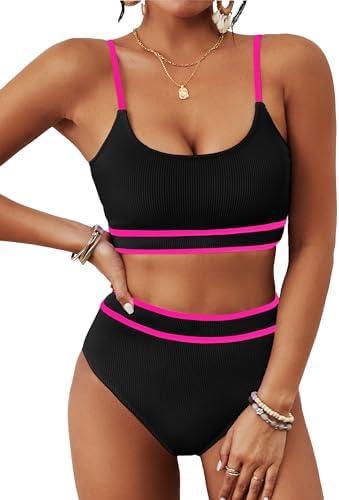 BMJL Women's High Waisted Bikini Ribbed Two Piece Swimsuit High Cut Color Block Adjustable Straps Bathing Suit, M