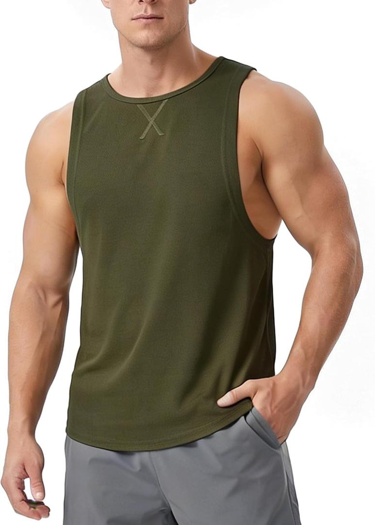 Men's Sleeveless Workout Tank Top Quick Dry Gym Muscle Bodybuilding Vest Breathable Lightweight Summer Athletic Tops (Green, L)