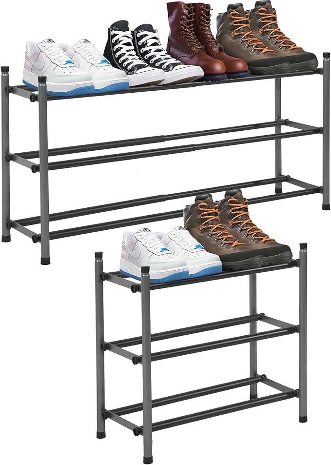 Easi 3-Tier Expandable Shoe Rack for Closet & Entryway, Adjustable 18"-33" Stackable Metal Shoe Organizer, Sturdy Free Standing Shoe Shelf for Small Space, Front Door, Cabinet