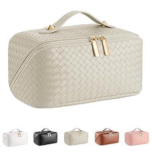 Large Capacity Travel Cosmetic Bag  PU Leather Makeup Organizer Bag Portable Woven Makeup Bags for Women Waterproof Travel Toiletry Bag with Divider Pouch, Khaki