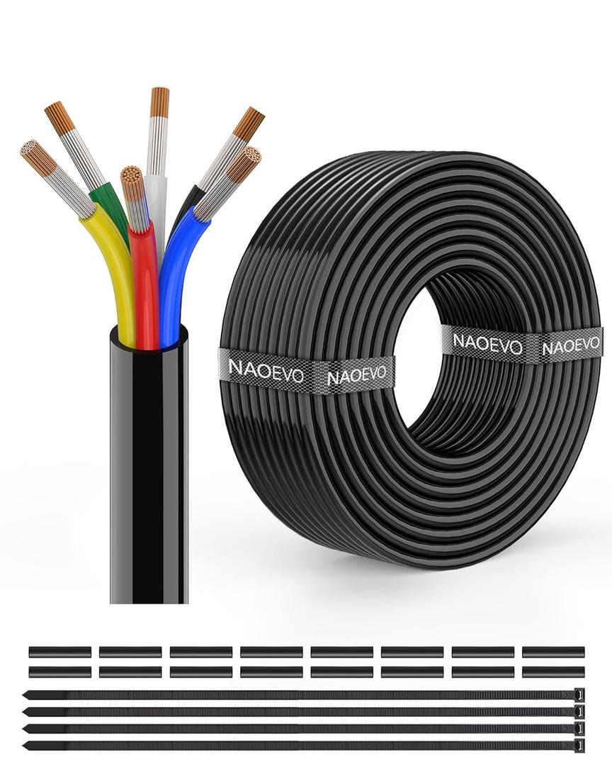 NAOEVO 16 Gauge Wire 6 Conductor Electrical Wire, 16 AWG Stranded PVC Cord, 12V Low Voltage/Tinned Copper/Flexible Cable for Automotive Wiring, Lamp Cord, Marine Cable (50FT) (6C-16AWG)