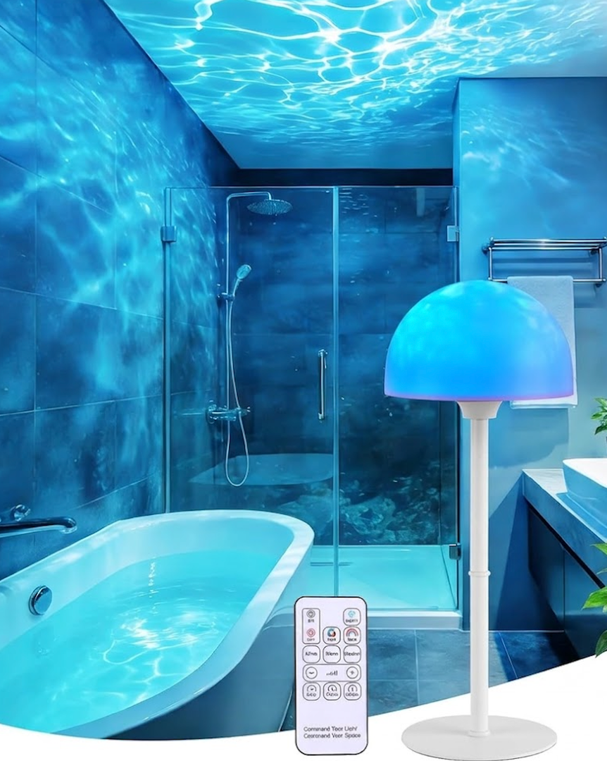 Waterproof Shower Lamp, Spa-Like Cordless Shower Light, 18-Colour LED Ocean Wave Projector Lights, Rechargeable Shower Light with Remote and Touch Control for Bathroom, Bathtub
