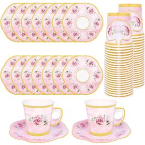 50 Pcs Paper Tea Cups and Plates Pink Floral Disposable Paper Teacups and Saucer Sets with Gold Rim Decorations for Hot Cold Drinks for Wedding Birthday Baby Shower Tea Party, Serve 25