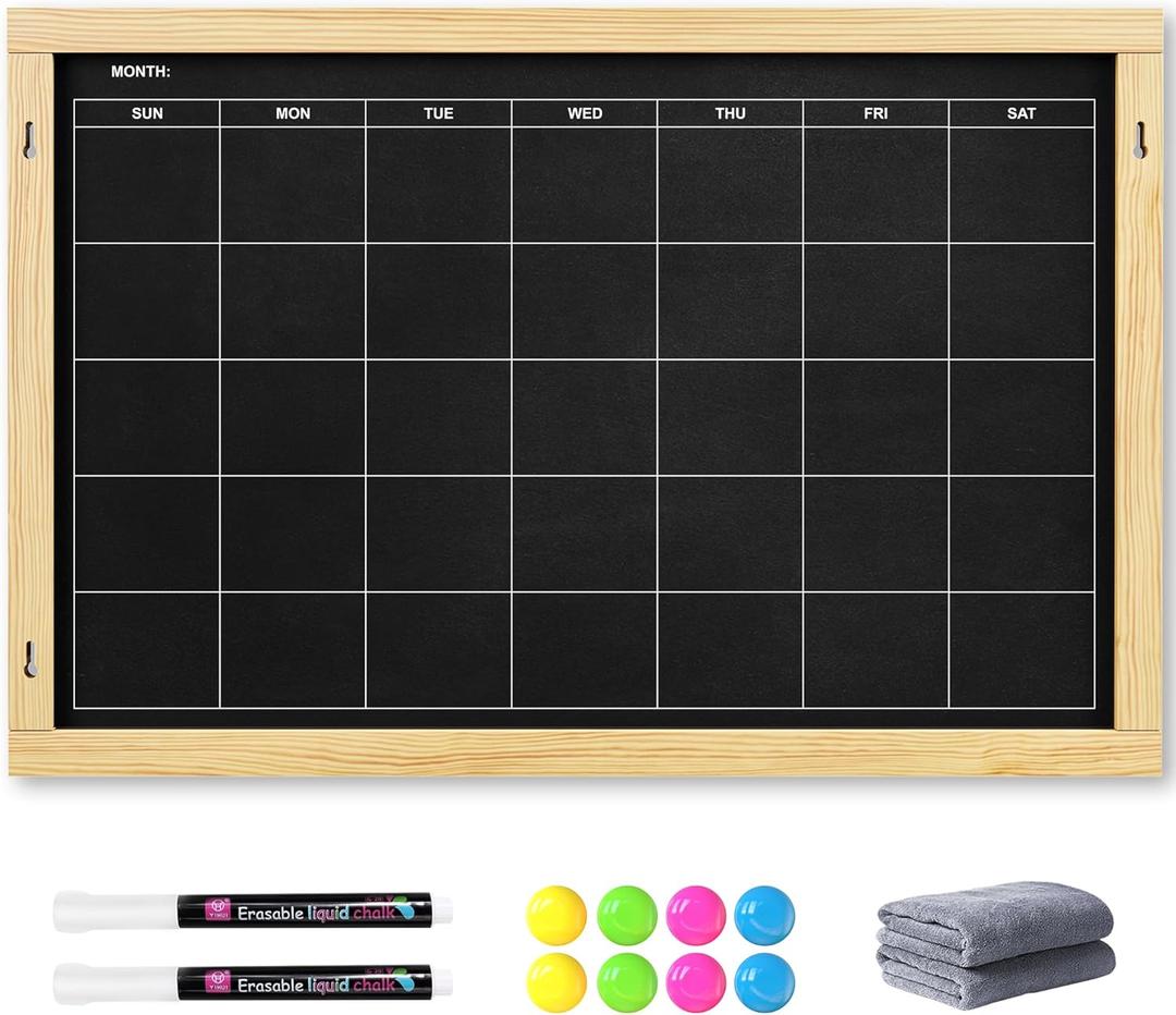 2-in-1 Double-Sided Magnetic Chalkboard 24"x16", Chalk Calendar Board & Large Blackboard for Kitchen & Home Decor, Schedule, Menu, Back-to-School Gift - Hanging Chalk Board with 2 Liquid Pens, Wood