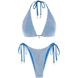 ZAFUL Women's Triangle Bikini Multiway Fishnet Tie Side Bandeau Halter String Bikini Set Two Piece Swimsuit Bathing Suits M