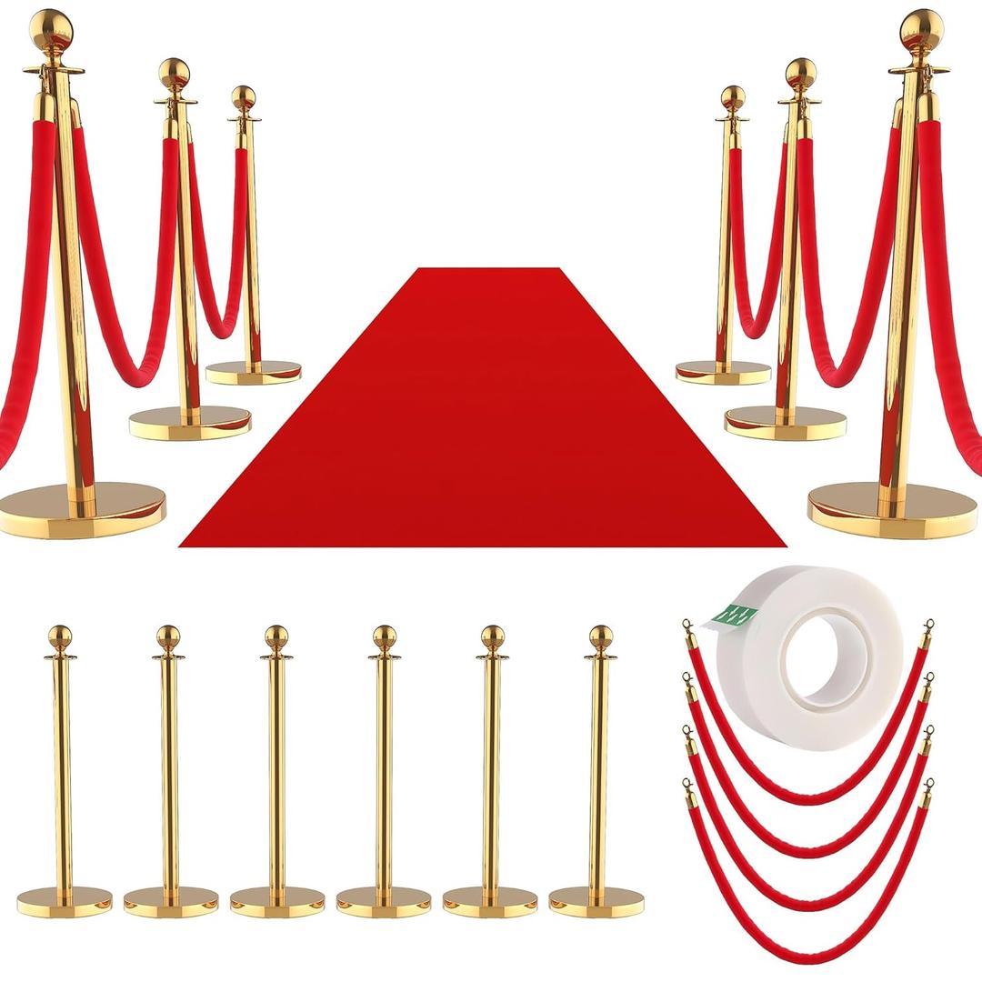 8Pcs Stanchions and Velvet Ropes with 15ft Red Carpet,Complete Crowd Control Barriers Set with 6 Red Velvet Ropes & Stainless Steel Posts for Party, Wedding, Event Supplies,Gold